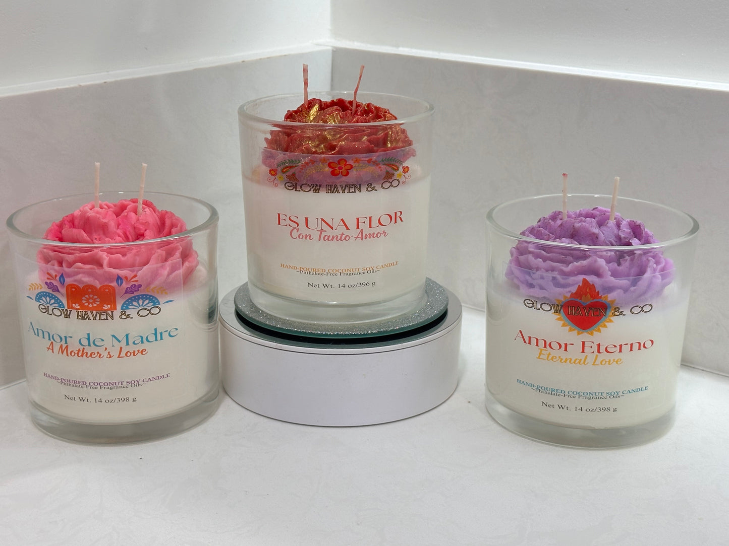 Flores de Amor Rose Candle Collection – 14 oz Hand-Poured, 3 Scents