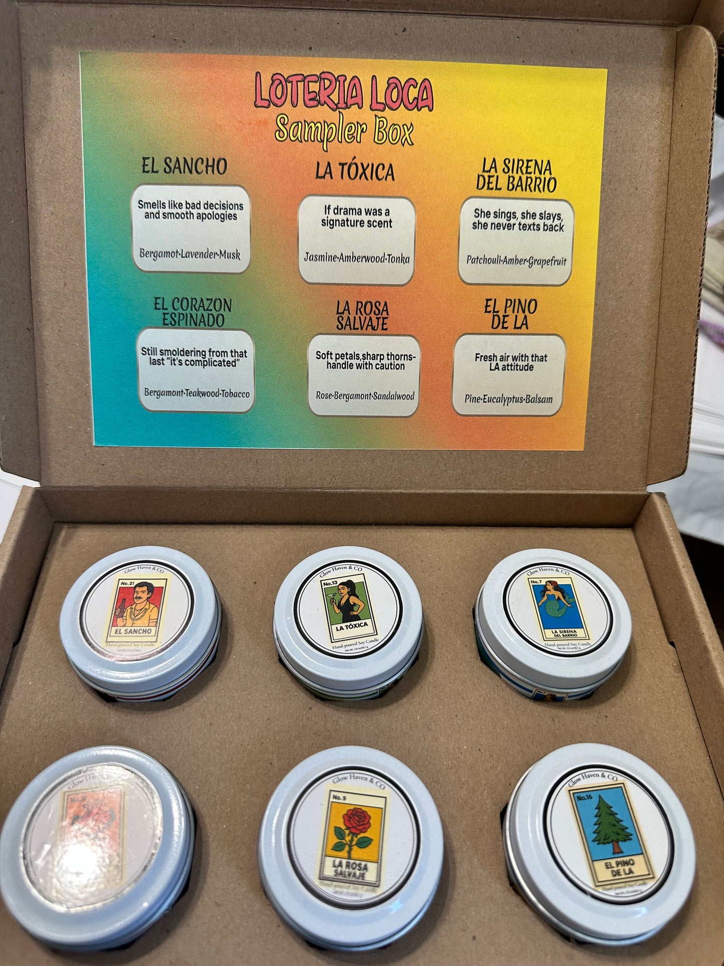Loteria Loca Candle Sampler Box – 6 x 2 oz Soy Candles, Gift Set