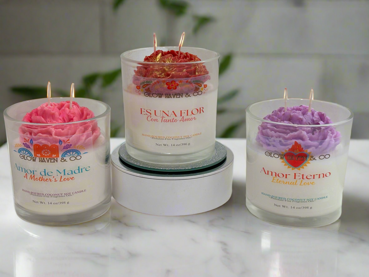 Flores de Amor Rose Candle Collection – 14 oz Hand-Poured, 3 Scents