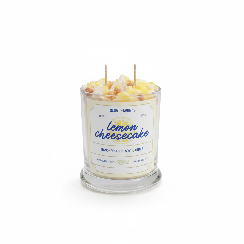 Lemon Cheesecake Soy Candle on white background